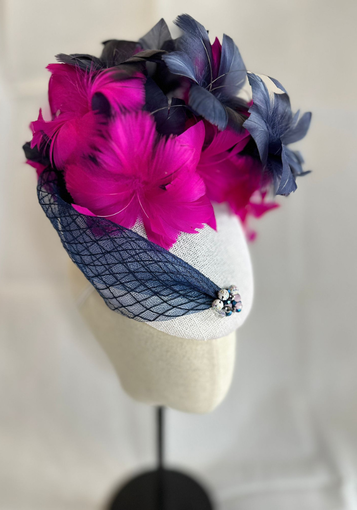 Navy round fascinator with white and pink orchids and peacock feathers hotsell on a headband! One only!