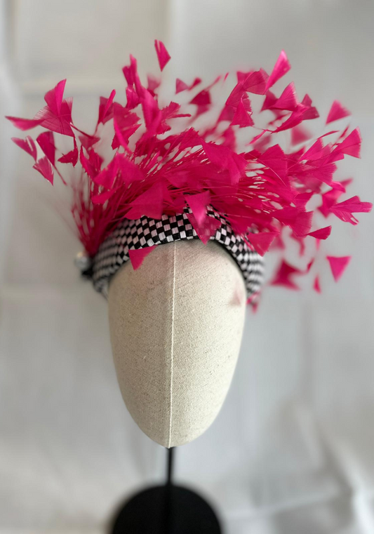 Black & White Harlequin Checked Fascinator With Pink Feathers