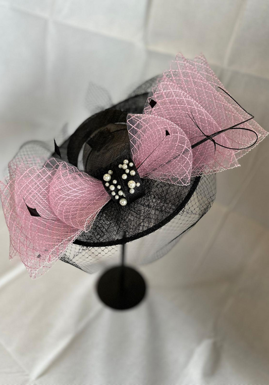 Black Boater Style Hatinator With Pink Crinoline Bow